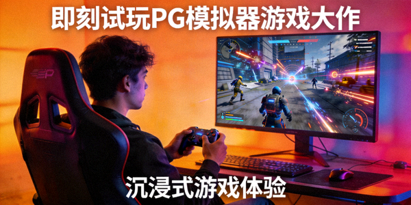 即刻试玩PG模拟器游戏大作，屏幕上展示着精美的游戏战斗场景与技能特效
