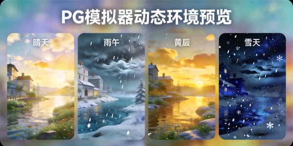 PG模拟器动态游戏环境预览，展示天气变化和昼夜循环系统