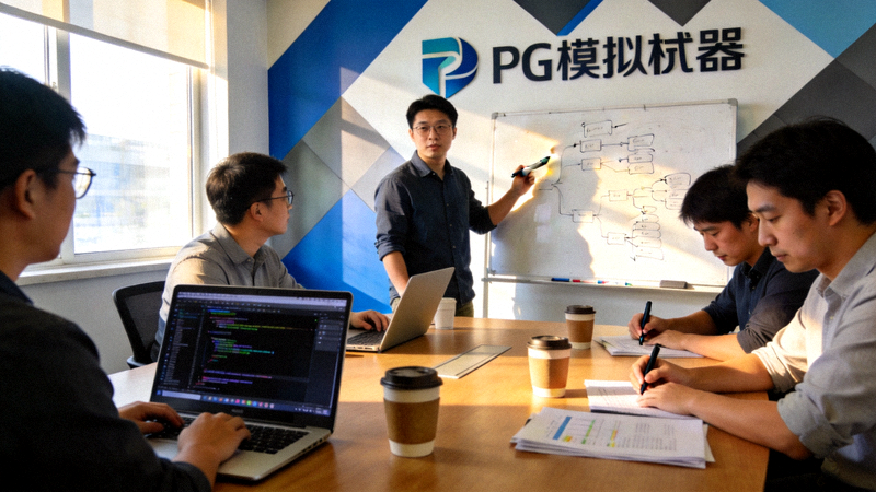 PG模拟器核心开发团队正在会议室进行项目讨论与协作