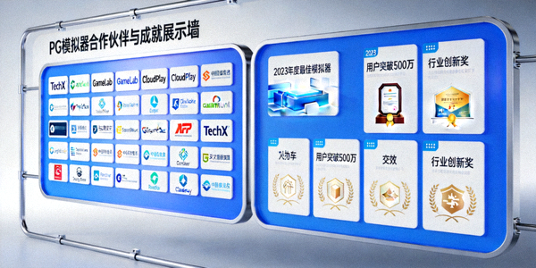 PG模拟器合作伙伴与成就展示墙，展示与知名游戏厂商的合作与行业奖项