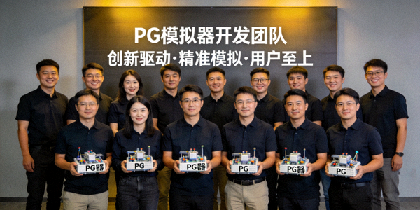 PG模拟器开发团队合影与核心理念展示，团队协作与创新精神