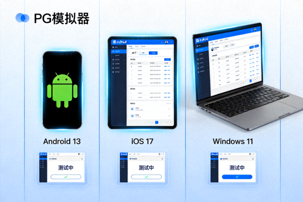 PG模拟器跨平台兼容性测试环境，展示多种设备运行