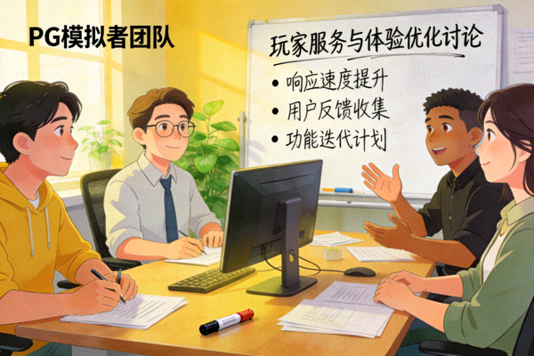 PG模拟器团队正在讨论优化玩家服务与体验的工作场景