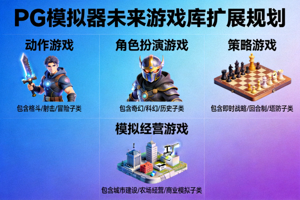PG模拟器未来游戏库扩展规划示意图，展示丰富的游戏分类