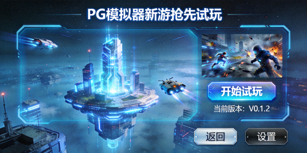 PG模拟器新游抢先试玩界面截图，展示充满未来科技感的游戏主界面与角色选择画面