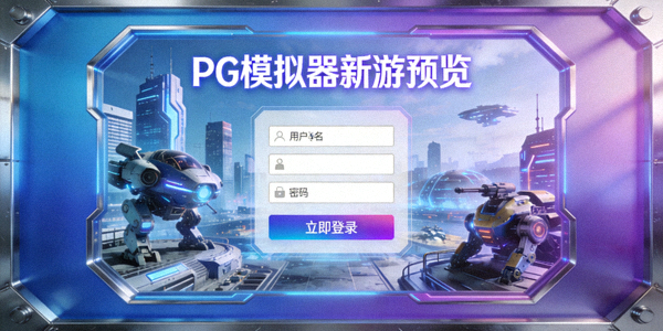 PG模拟器新游预览登录页面截图，展示未来都市与机甲元素的游戏场景