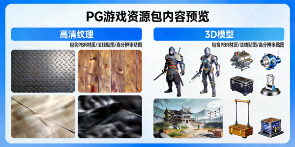 PG游戏资源包内容预览，展示高清游戏纹理和模型资源